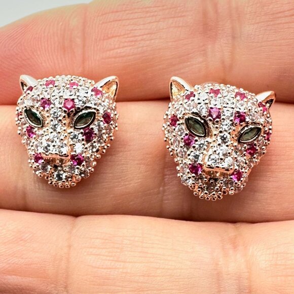 Womens Earrings Pierced Jaguar Rose Gold Tone Pink And Clear Crystal - Picture 1 of 4